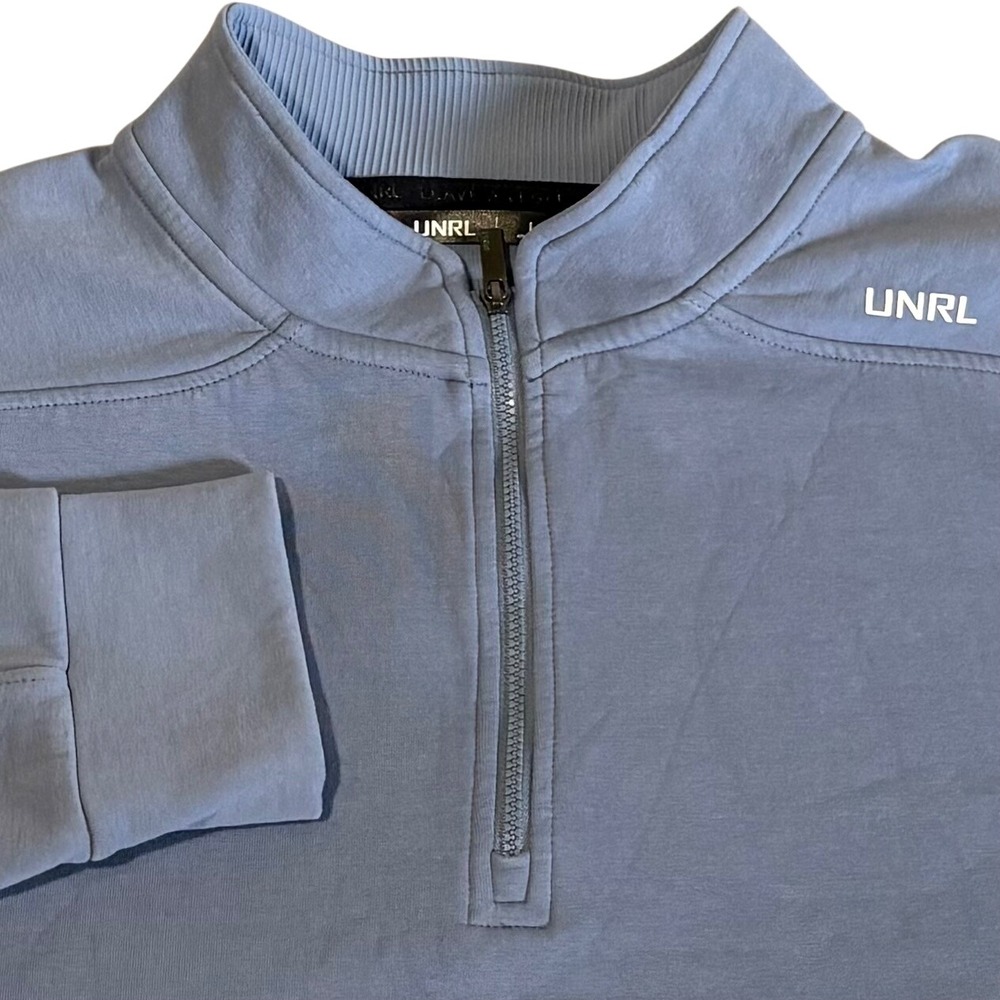 UNRL Quarter Zip Pullover Men L Blue Clayco Logo Athletic Fit Stretch Minnesota